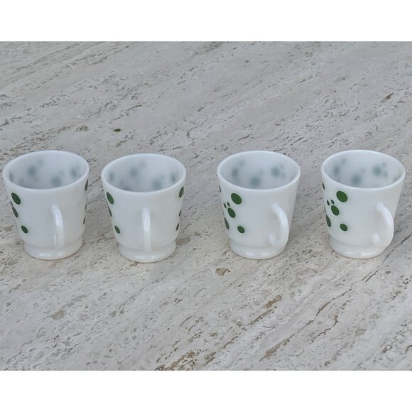 Hazel Atlas Milk Glass Footed Mugs Set Of 4 Green Polka Dot MCM Logo Retro Gift - Picture 7 of 9